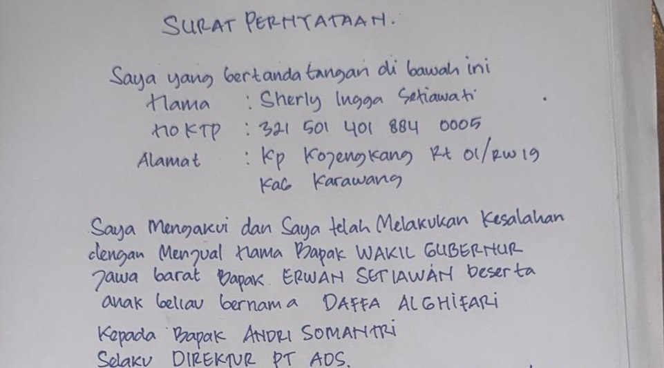 Jual Nama Wagub Jabar, Sherly Bikin Surat Pengakuan: Erwan Setiawan Tegaskan Tak Ada Kaitan